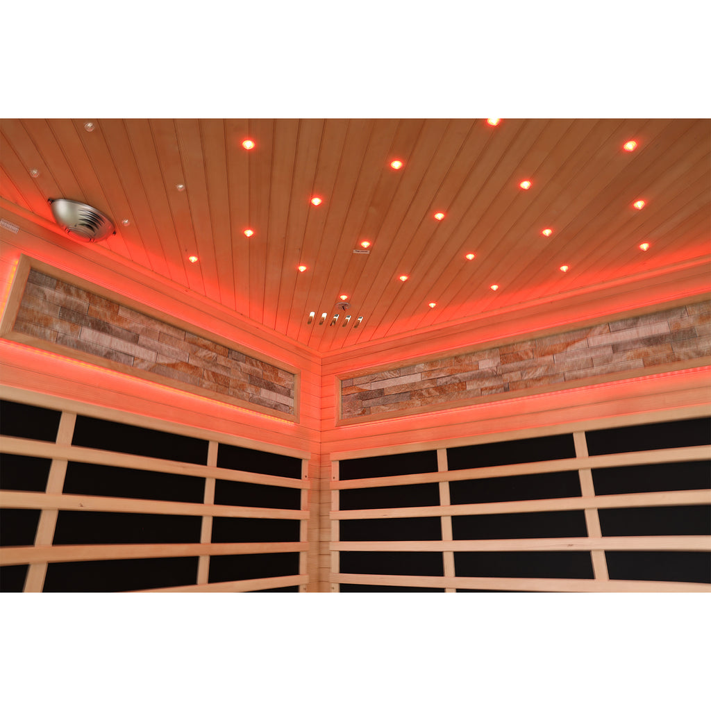 Interior close-up of Elevate Grand infrared sauna with red lighting