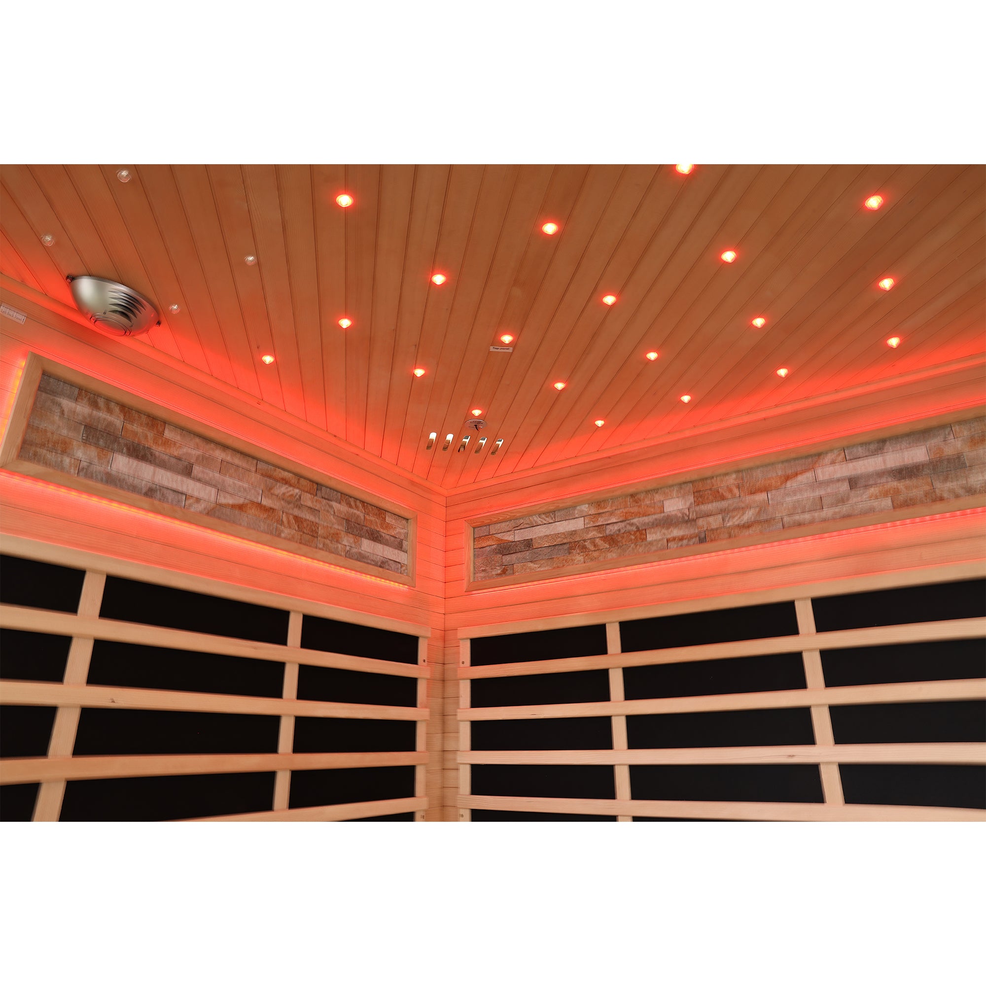 Interior close-up of Elevate Grand infrared sauna with red lighting