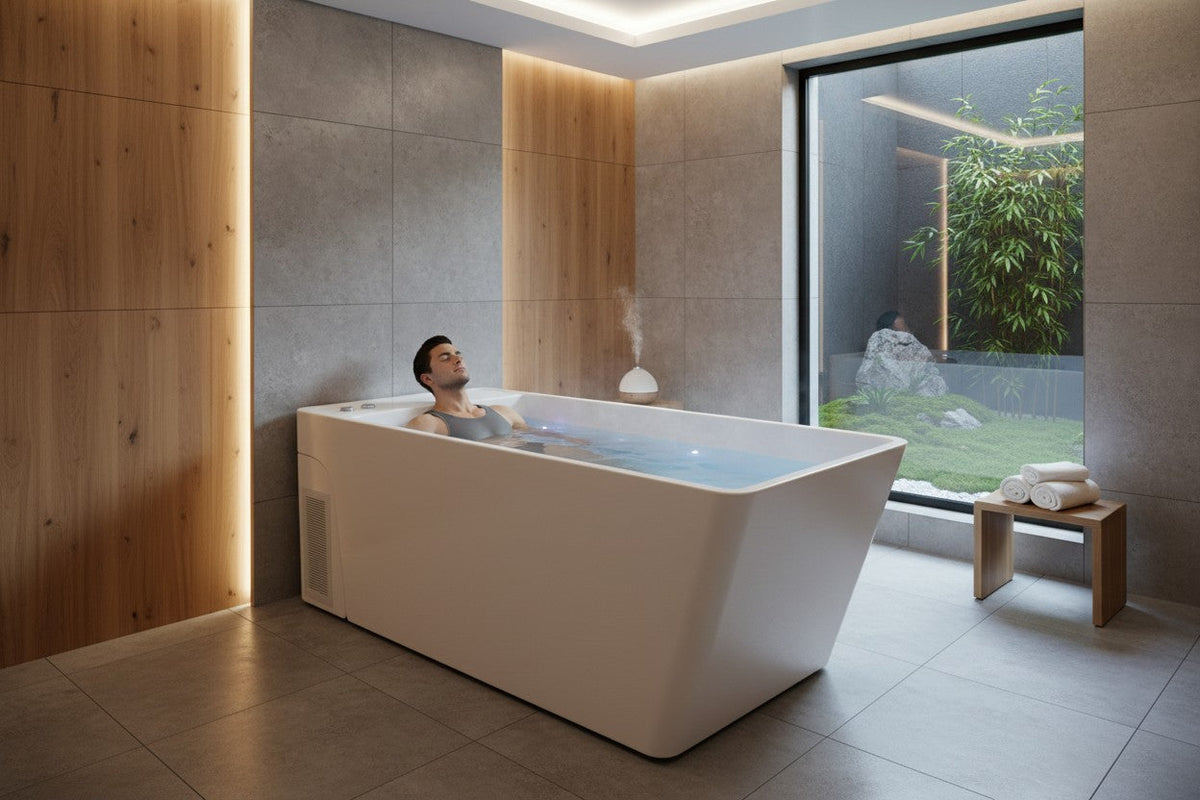 A man relaxes in a modern white freestanding bathtub with a steam diffuser, set in a minimalist bathroom with wood paneling and a large window overlooking a garden.