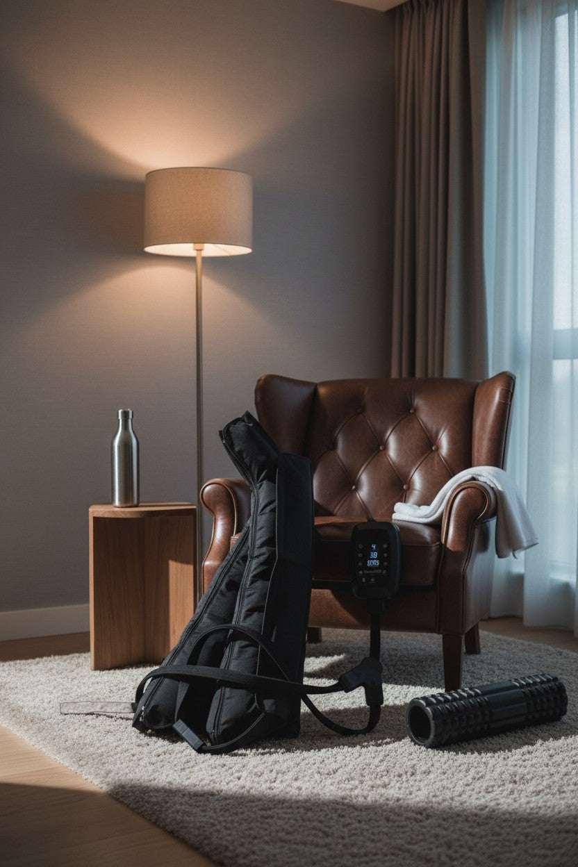 Elevate Performance Systems Apex Elite recovery boots in black, displayed next to a leather armchair and foam roller.