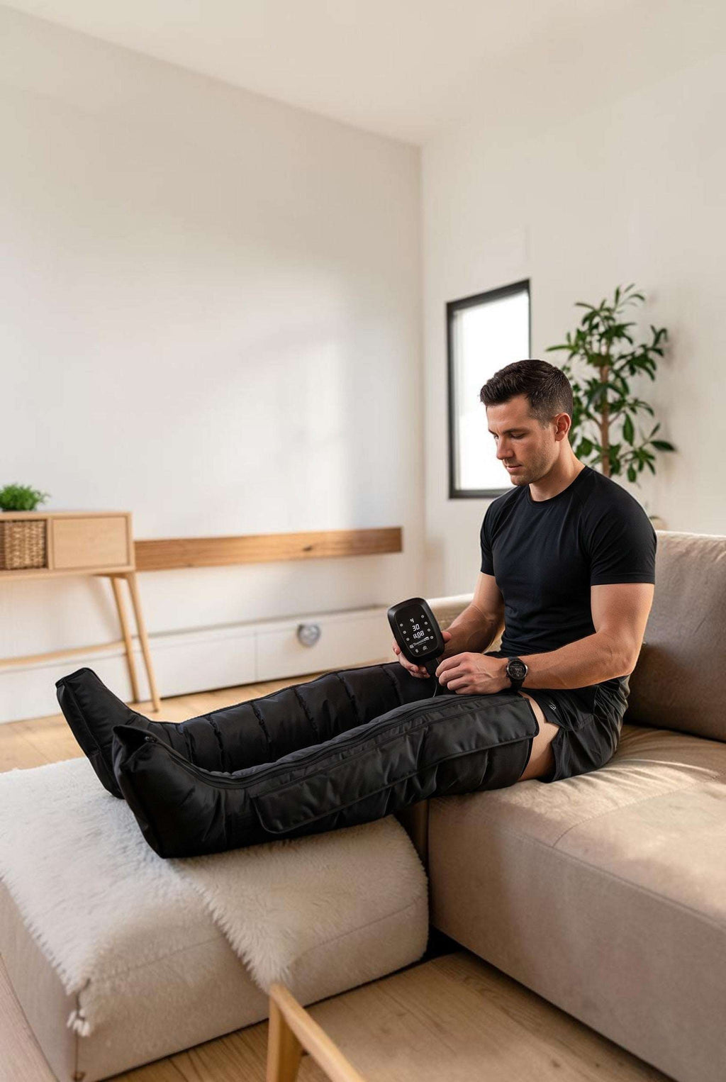 Athlete using Elevate Performance Systems Apex Elite black compression recovery boots in a home gym setting