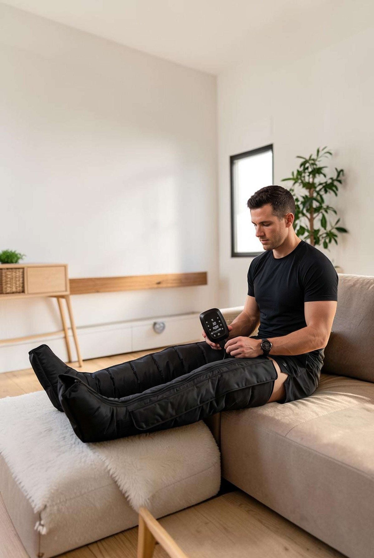 Athlete using Elevate Performance Systems Apex Elite black compression recovery boots in a home gym setting