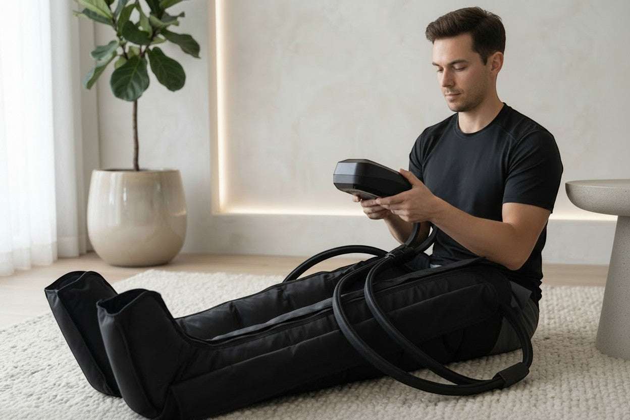 Man using Elevate Performance Systems Apex Pro recovery boots with LED control unit in a bright home setting