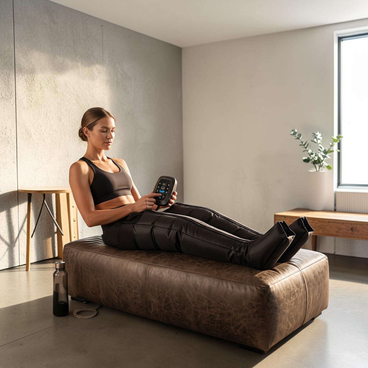 Woman using Elevate Performance Systems Apex Pro recovery boots in a home gym, adjusting settings on the LED screen.