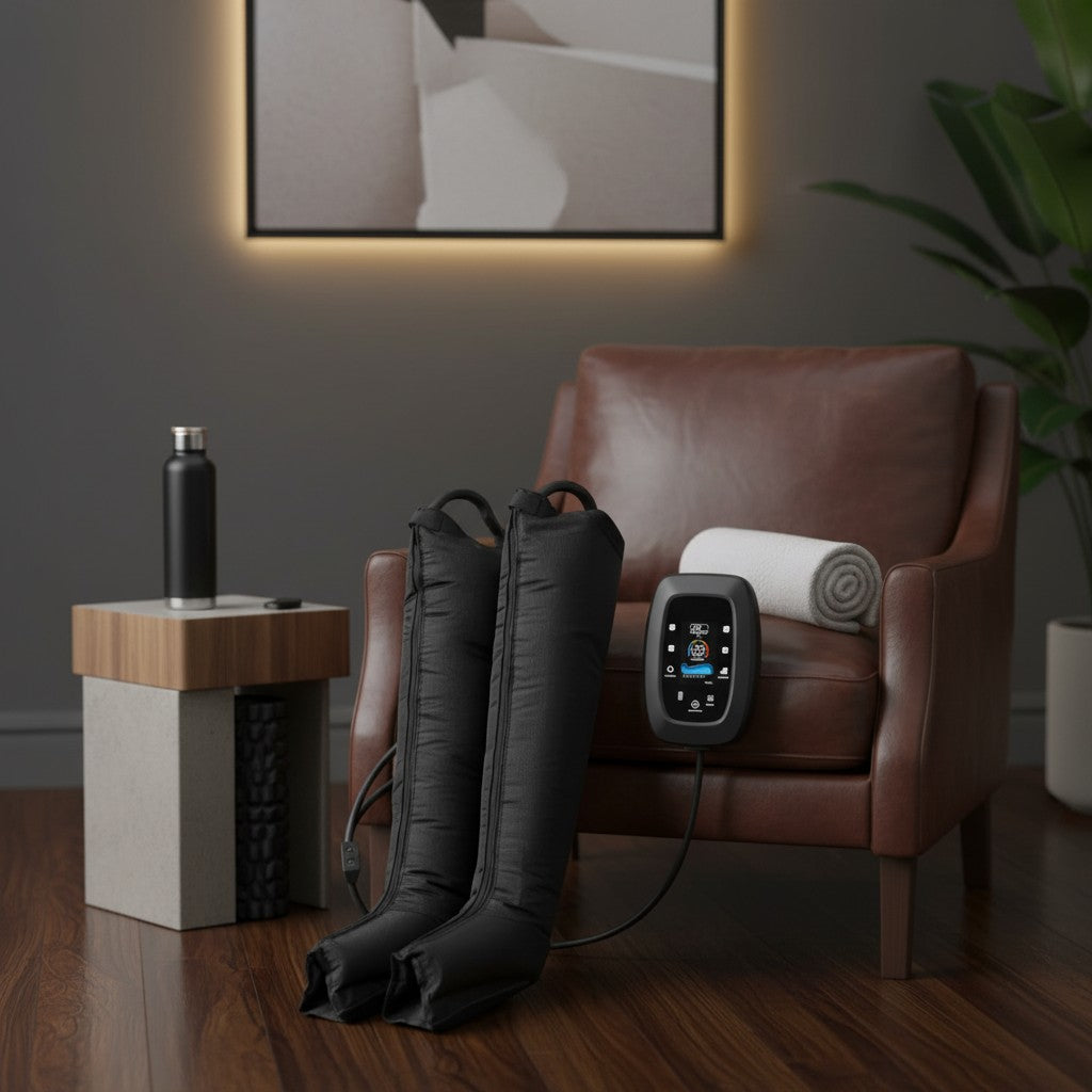 Elevate Performance Systems Apex Pro black compression recovery boots with LED control unit on a leather armchair.