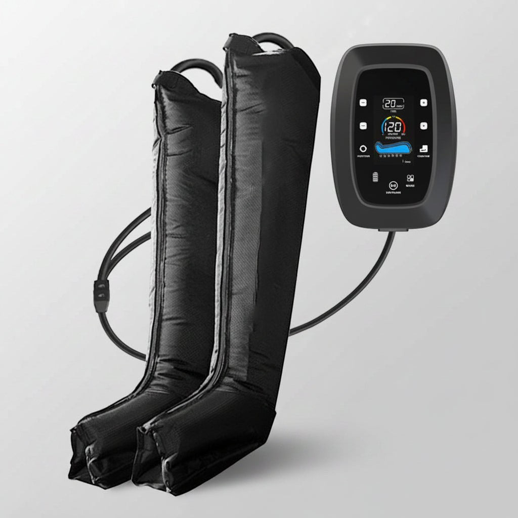 Elevate Performance Systems Apex Pro recovery boots with black compression sleeves and digital control unit.