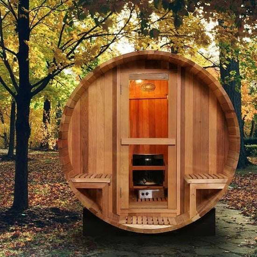 Elevate Performance Systems Cedar Ridge 6-person outdoor barrel sauna made of Canadian red cedar with electric heater.
