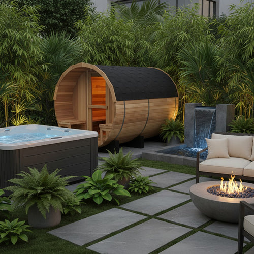 Elevate Performance Systems 6-person cedar barrel sauna with glass door in a lush backyard patio setting.