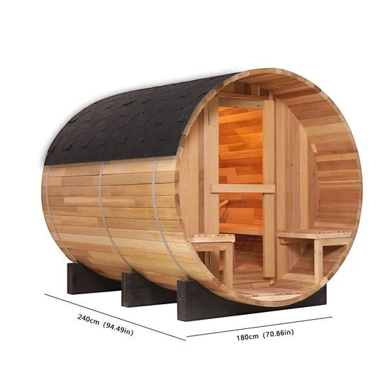 Elevate Performance Systems Cedar Ridge 6-person outdoor barrel sauna made of Canadian red cedar with a glass door
