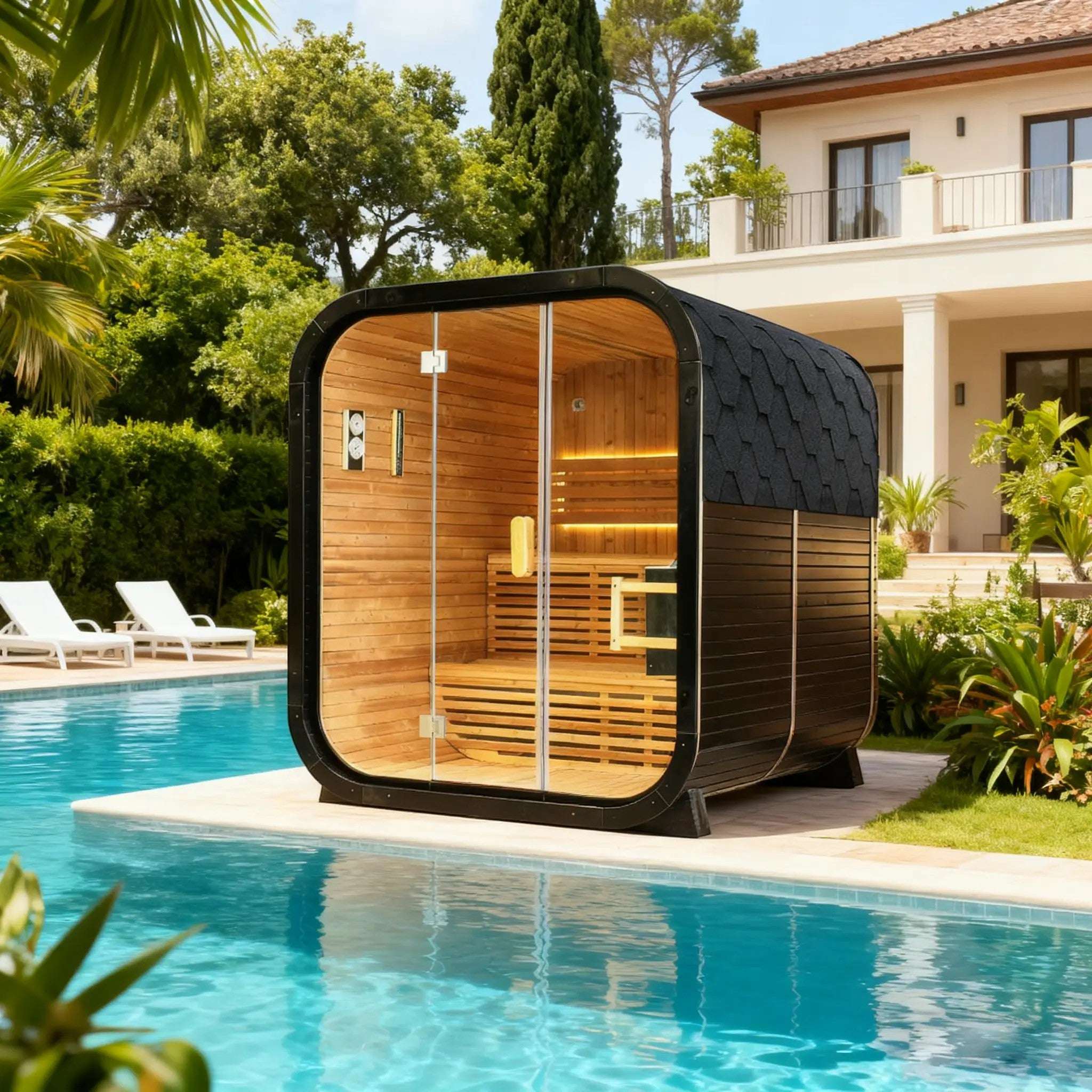 Elevate Performance Systems Cedar Haven outdoor sauna with knot cedar interior and glass front by a backyard pool.
