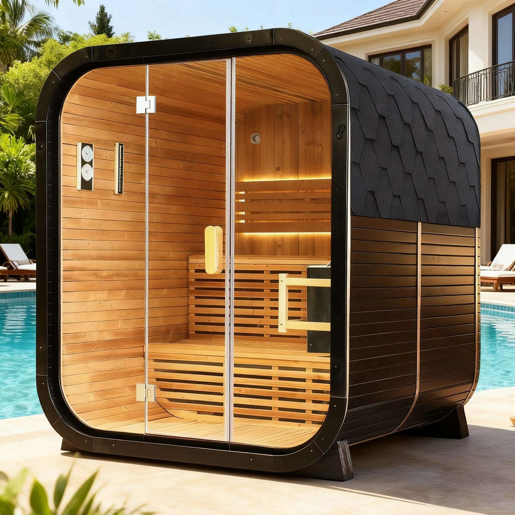 Elevate Performance Systems Cedar Haven outdoor sauna with knot cedar interior and modern glass front by a pool.