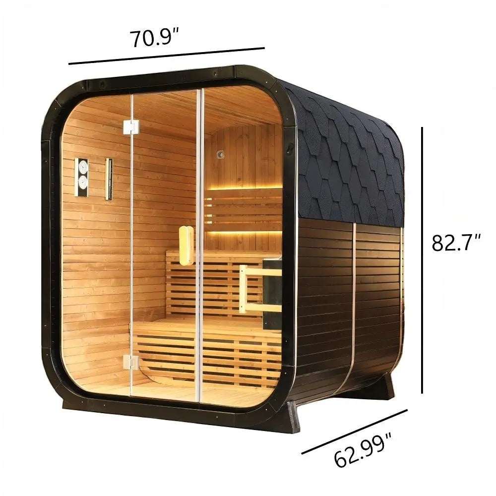 Elevate Performance Systems Cedar Haven outdoor sauna with knot cedar interior, glass front, and dimensions.