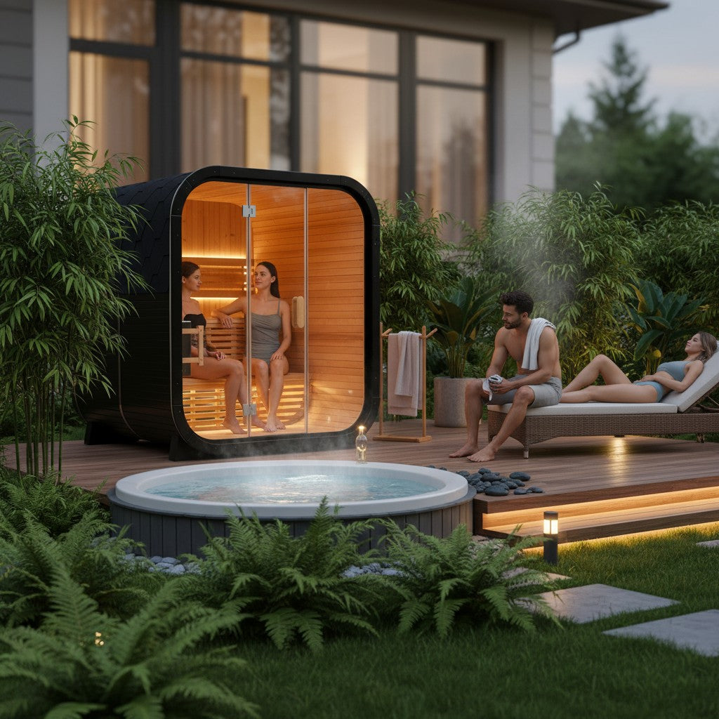 Elevate Performance Systems Cedar Haven outdoor sauna with knot cedar interior and glass front on a backyard deck.