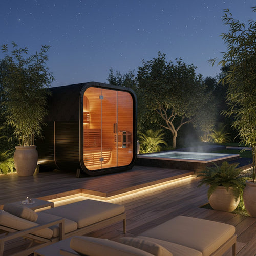 Elevate Performance Systems Cedar Haven outdoor sauna with knot cedar interior and glass front on a backyard deck.