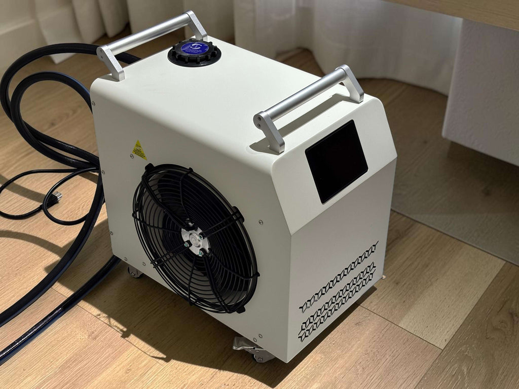Elevate Performance Systems cold plunge chiller unit with white insulated casing, black fan, and digital display.