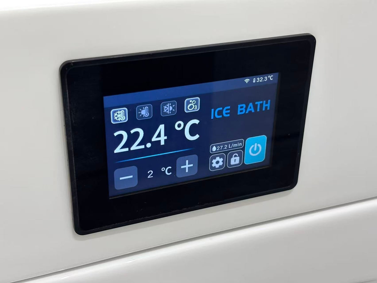 Elevate Performance Systems digital touchscreen display on the Elevate Pro Cold Plunge showing temperature settings