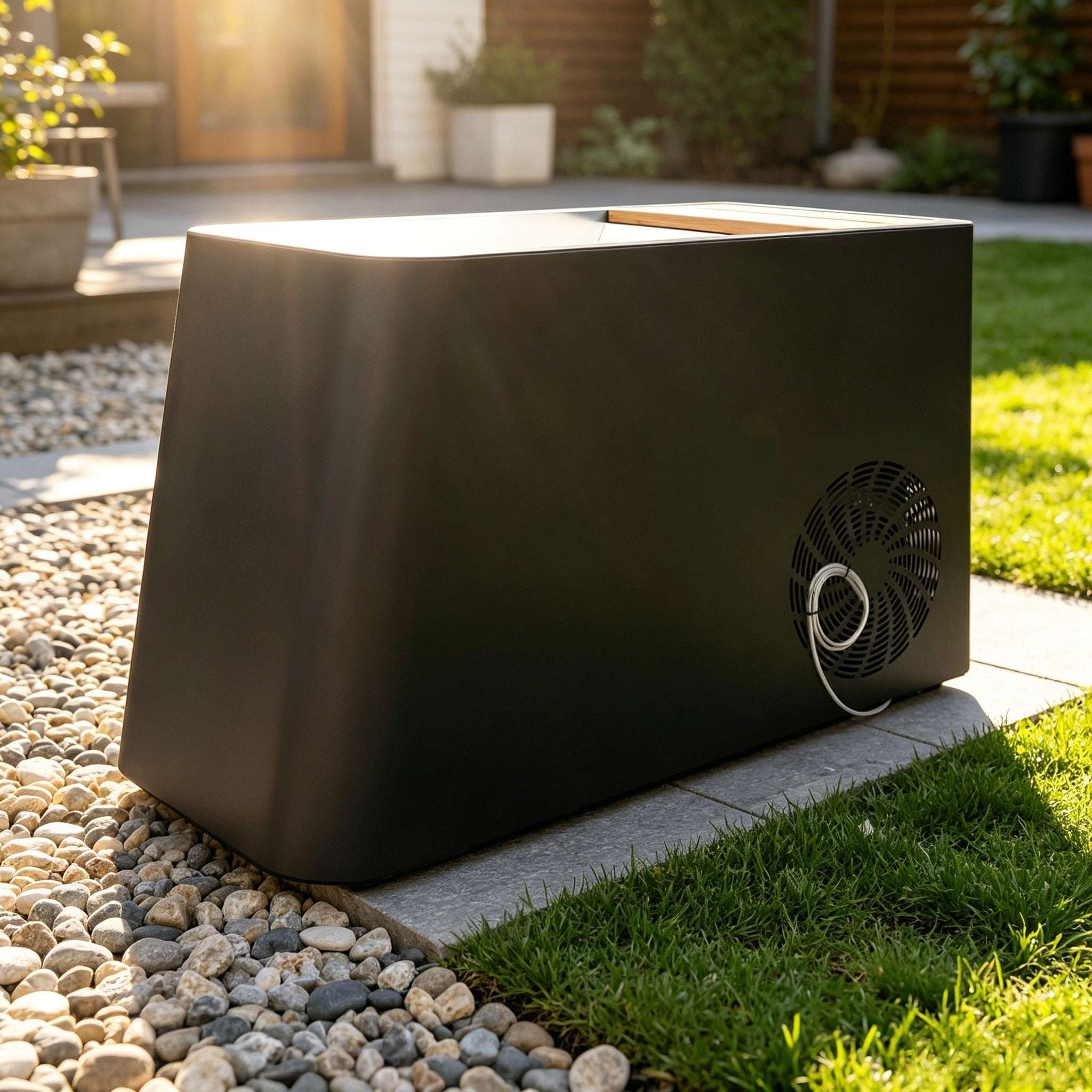 Elevate Performance Systems matte black stainless steel cold plunge tub with cedar trim in a sunny outdoor garden.