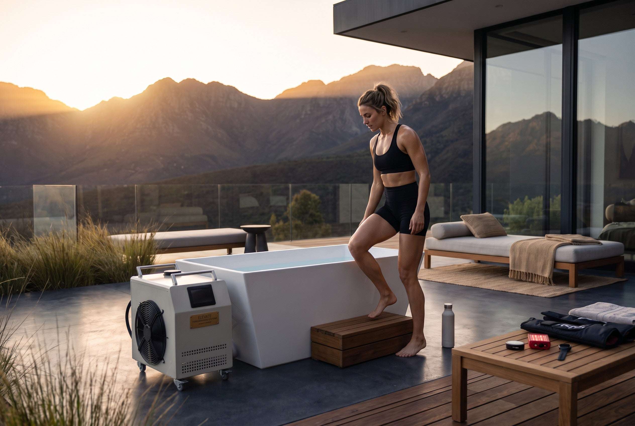 Elevate Performance Systems cold plunge tub with chiller unit on a luxury outdoor patio at sunset with a woman stepping in