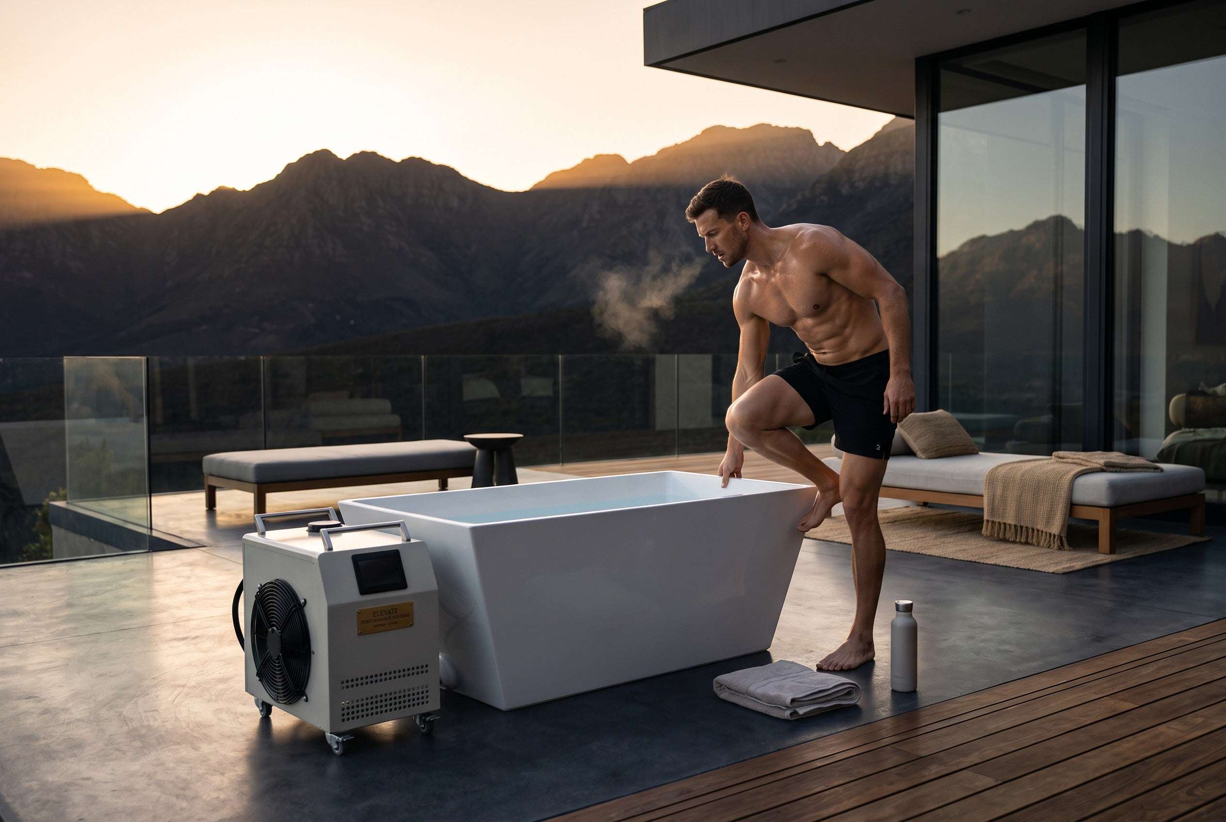 Elevate Performance Systems cold plunge tub on a modern terrace with a man preparing for recovery at sunset