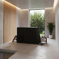 Elevate Performance Systems matte black stainless steel cold plunge tub with cedar accents in a modern home spa room.