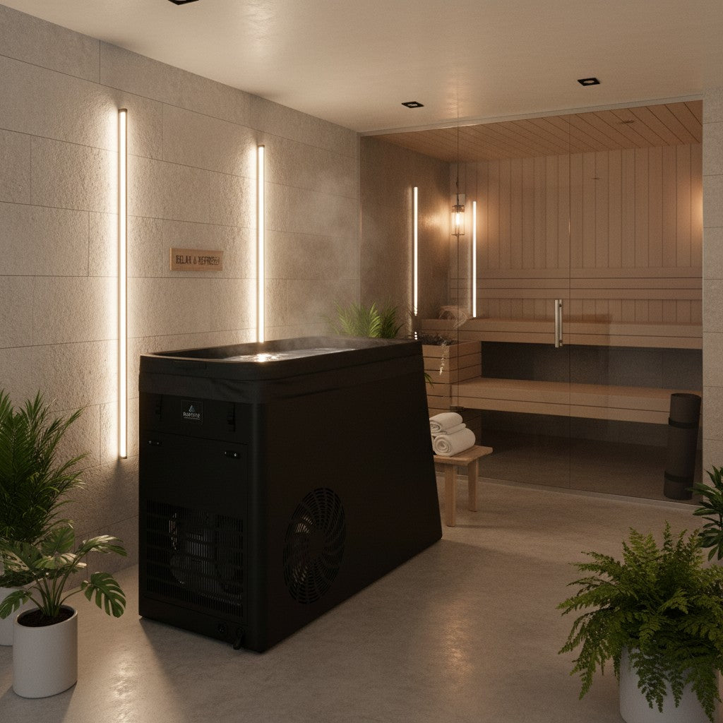 Elevate Performance Systems matte black cold plunge tub with cedar accents in a modern home wellness room with a sauna.