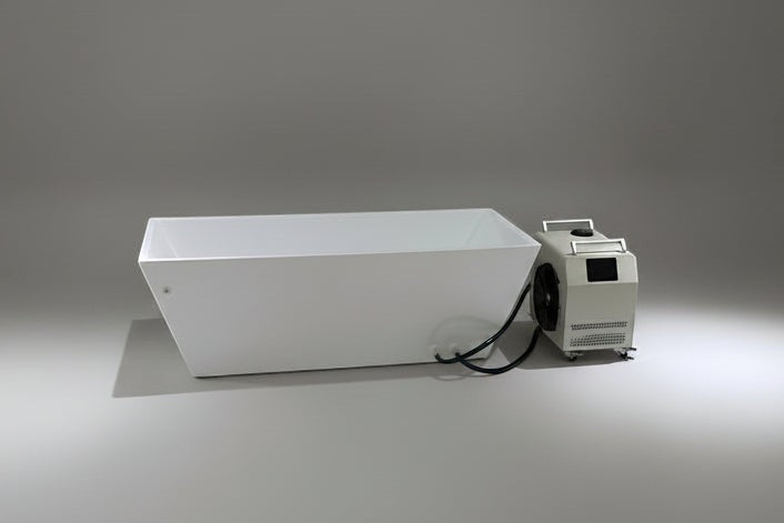 Elevate Performance Systems cold plunge tub with white insulated basin and external temperature control unit