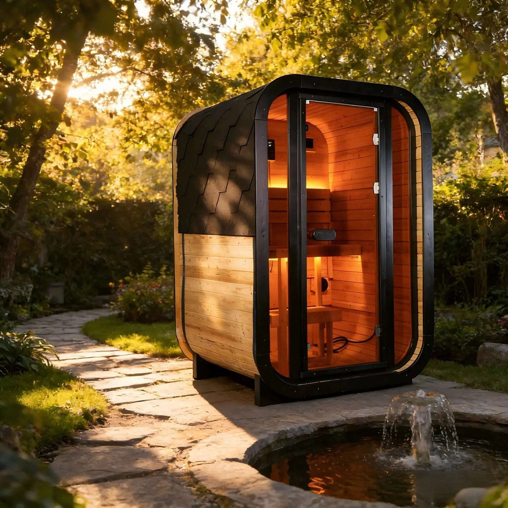 Elevate Performance Systems Ember Mini outdoor sauna with carbonized spruce wood and tinted glass in a garden setting.