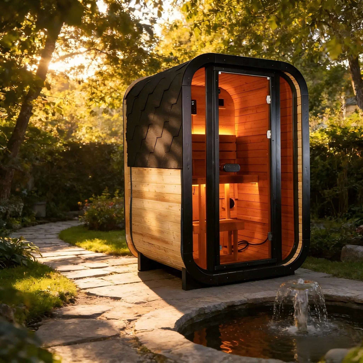 Elevate Performance Systems Ember Mini outdoor sauna with carbonized spruce wood and tinted glass in a garden setting.