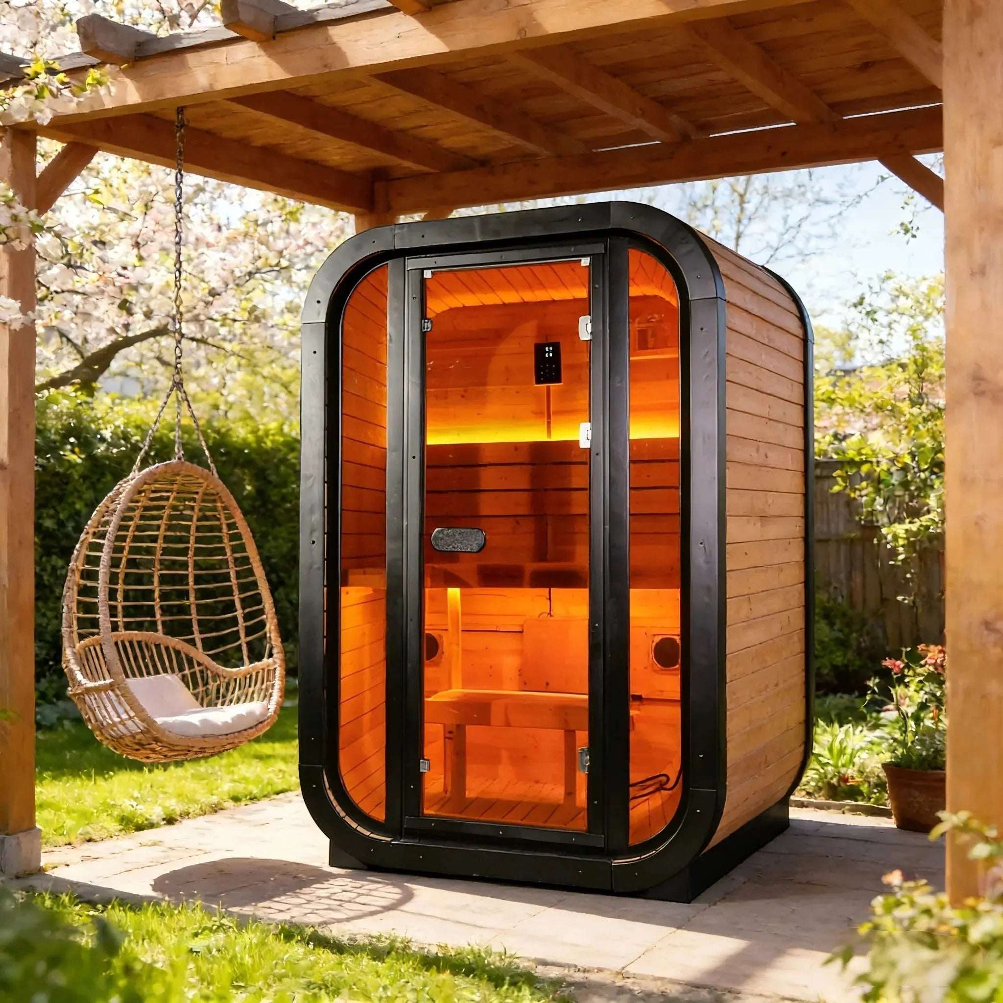 Elevate Performance Systems Ember Mini outdoor sauna with carbonized spruce wood and tinted glass on a sunny patio.