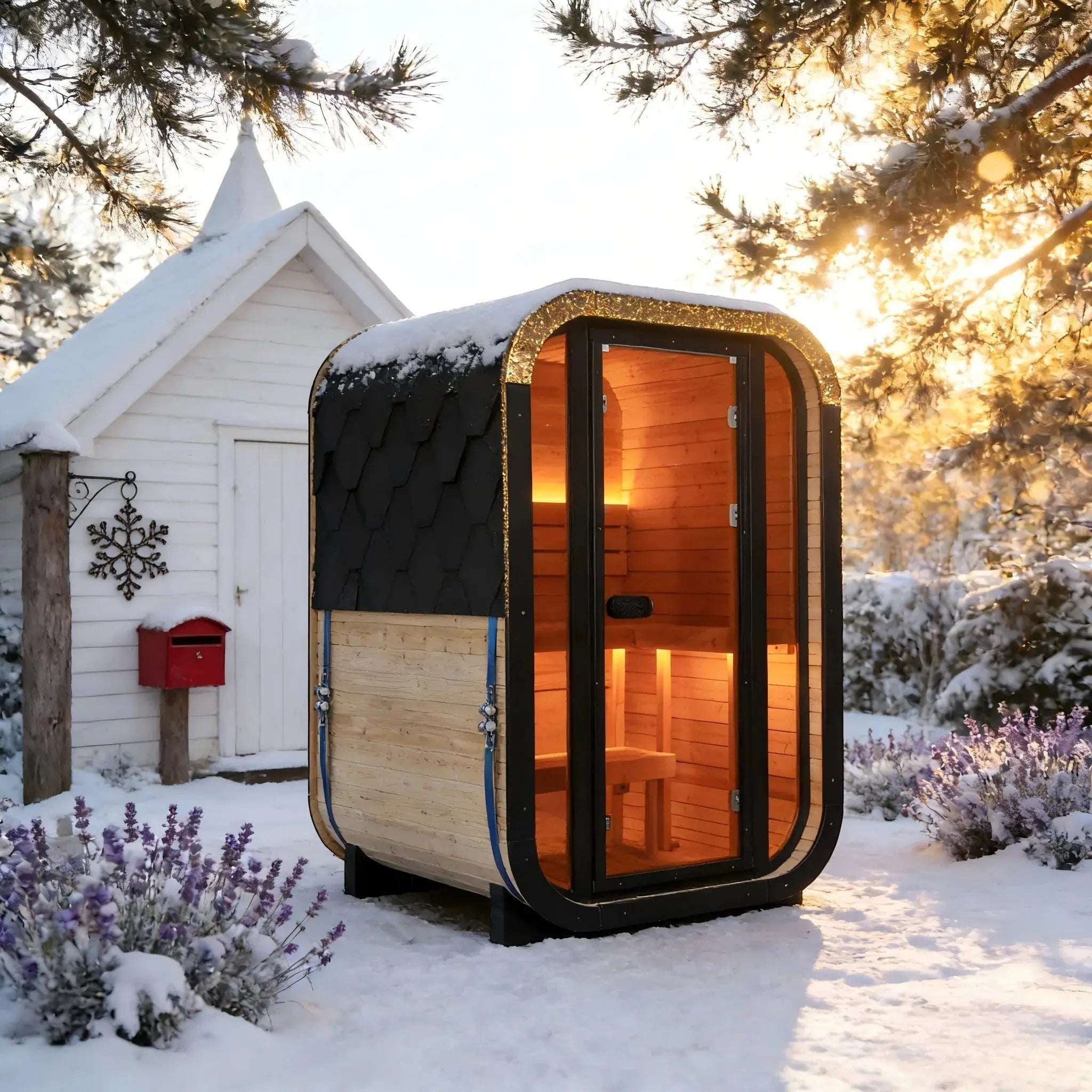 Elevate Performance Systems Ember Mini outdoor sauna with carbonized spruce wood and tinted glass in a snowy yard.