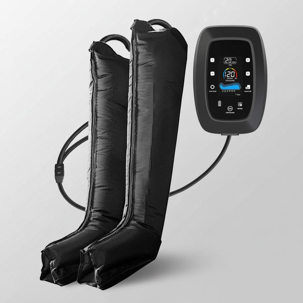 Elevate Performance Systems Flow Recovery Boots in black with digital control unit for dynamic air compression therapy.