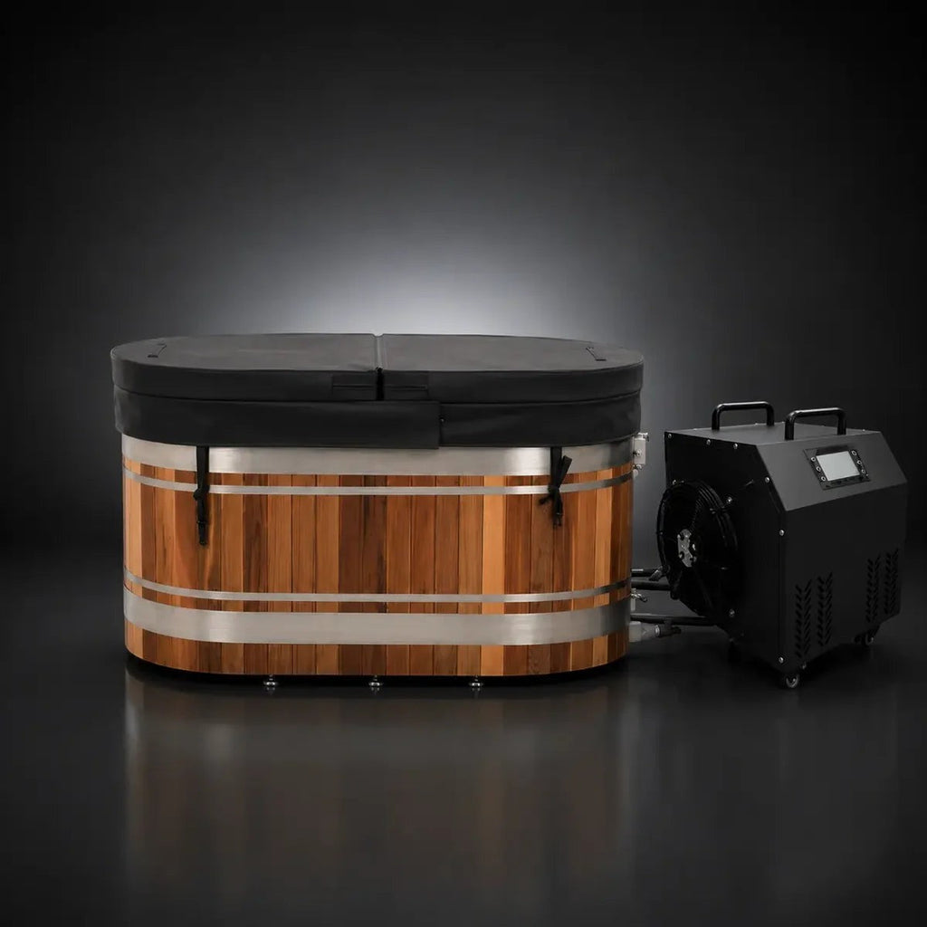 Elevate Performance Systems Haven cold plunge with red cedar exterior, stainless steel interior, and chiller unit.