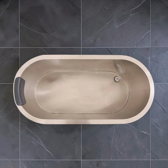 Elevate Performance Systems Haven cold plunge tub with a stainless-steel interior and U-shaped design, top view.