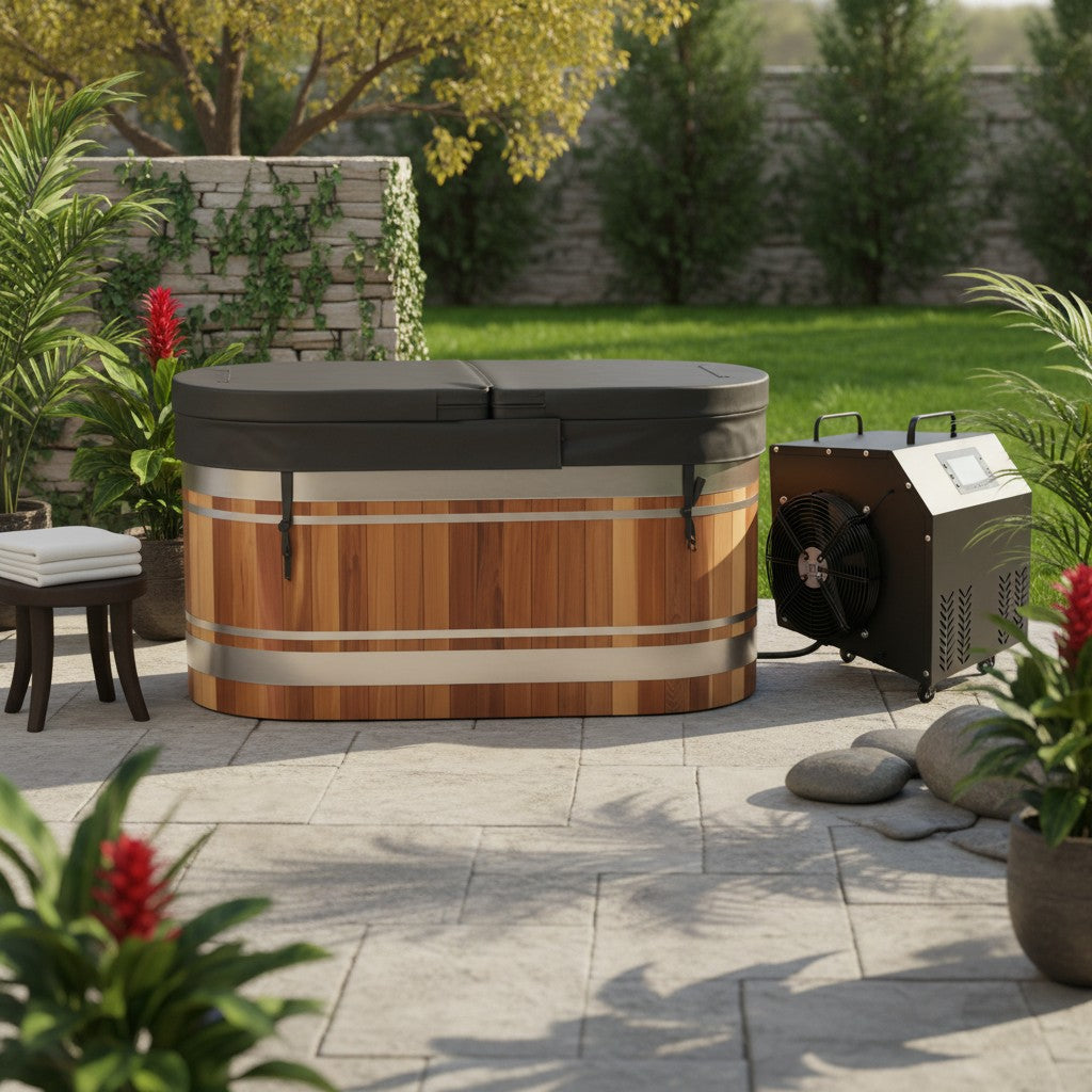 Elevate Performance Systems HAVEN cold plunge with red cedar exterior, stainless steel bands, and chiller on a patio.