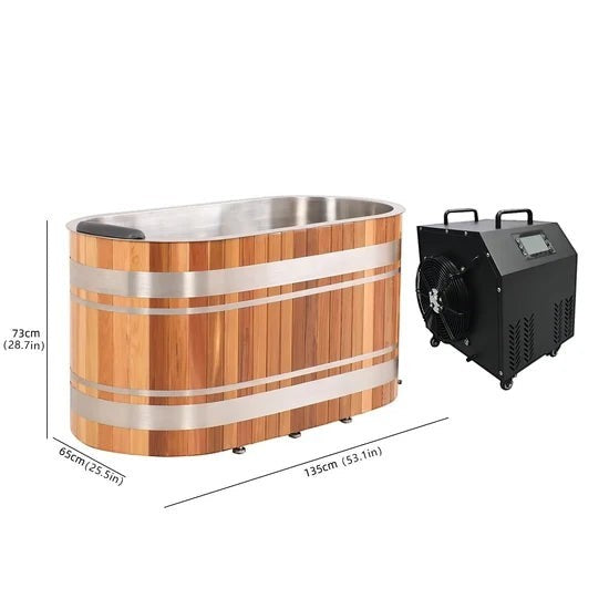 Elevate Performance Systems Haven cold plunge with red cedar exterior, stainless steel interior, and chiller unit.