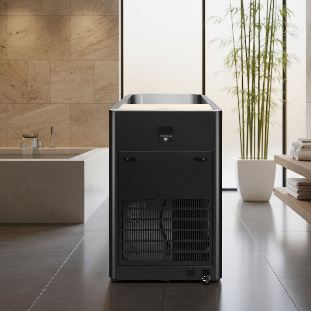 Elevate Performance Systems matte black cold plunge tub with stainless steel interior and cedar trim in a modern spa.