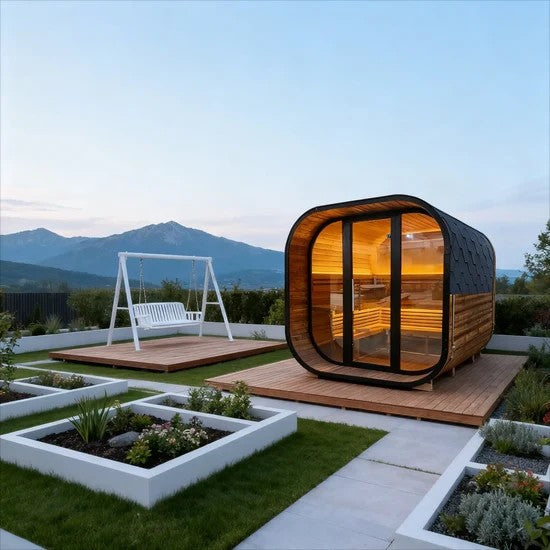 Elevate Performance Systems Noir Cube Sauna with black exterior and glass front on a backyard wooden deck.