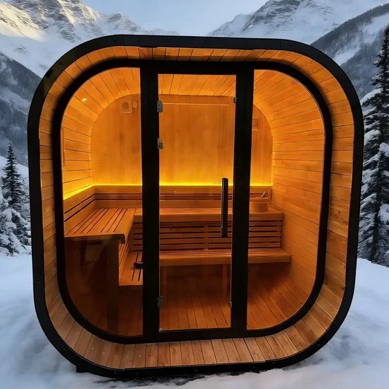 Elevate Performance Systems Noir Cube Sauna with black exterior, glass front, and warm LED-lit spruce interior in snow.
