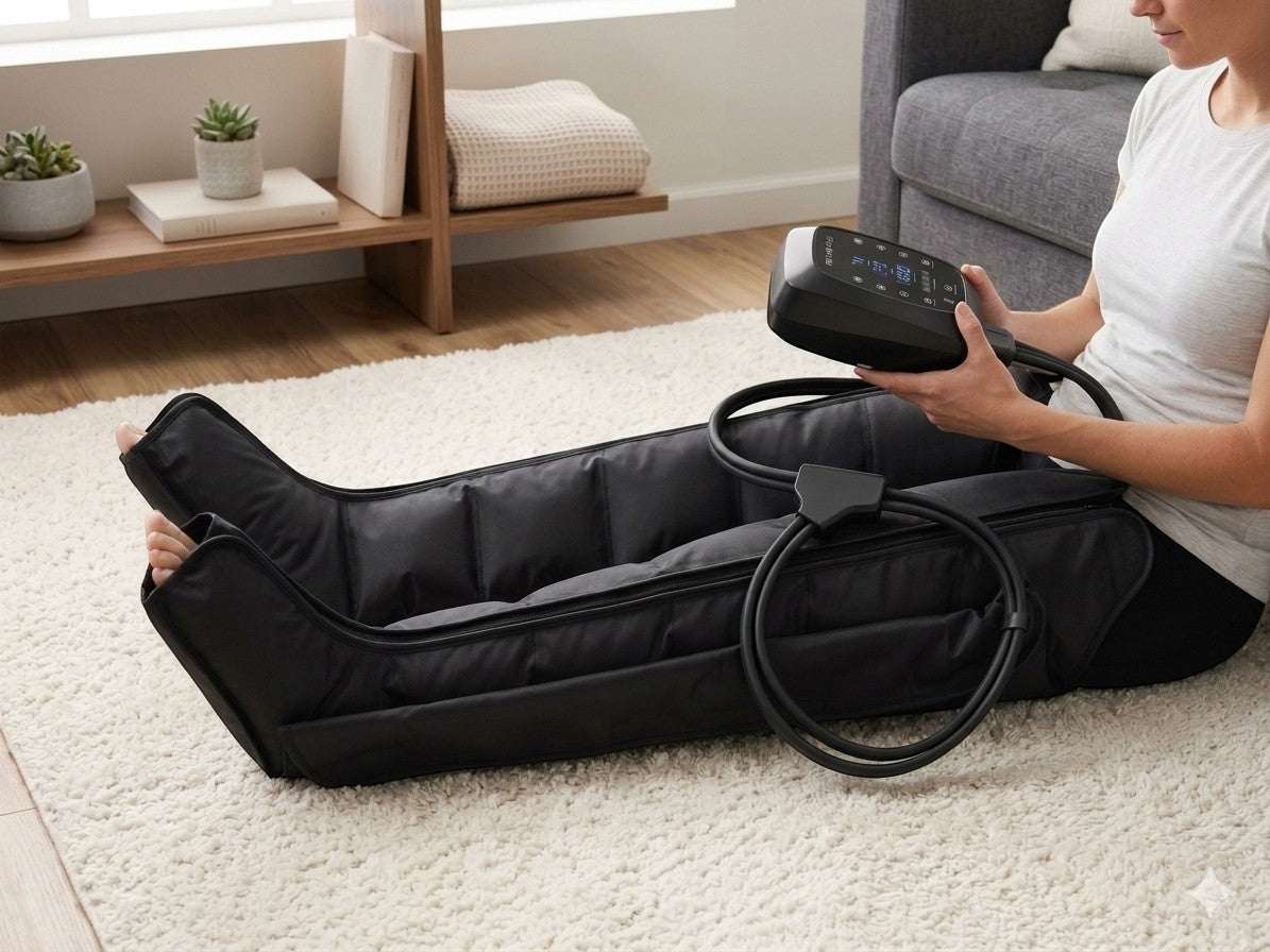 Elevate Performance Systems Pulse recovery boots on a person using the portable LED control unit for leg massage