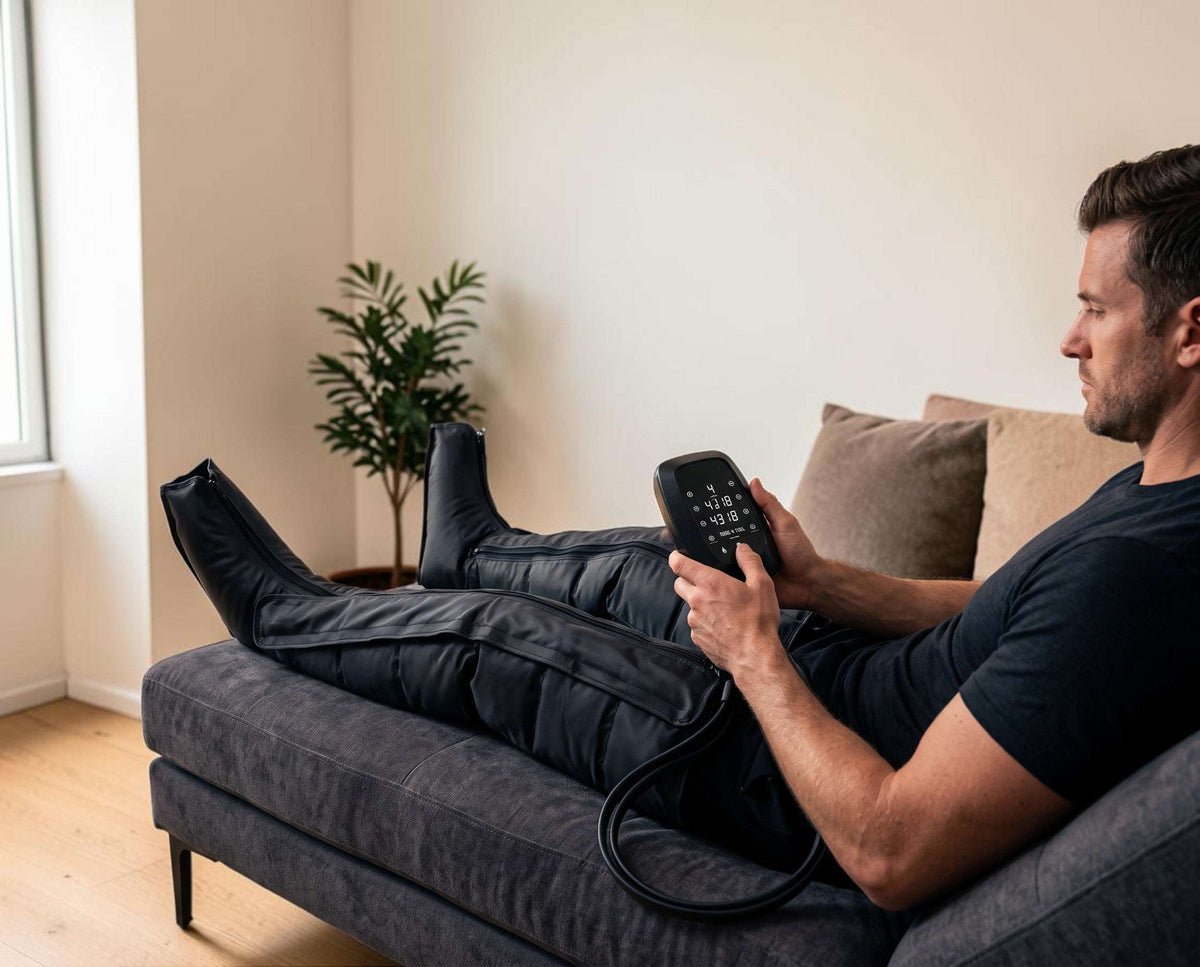Athlete using Elevate Performance Systems Pulse recovery boots with LED controller while relaxing on a sofa