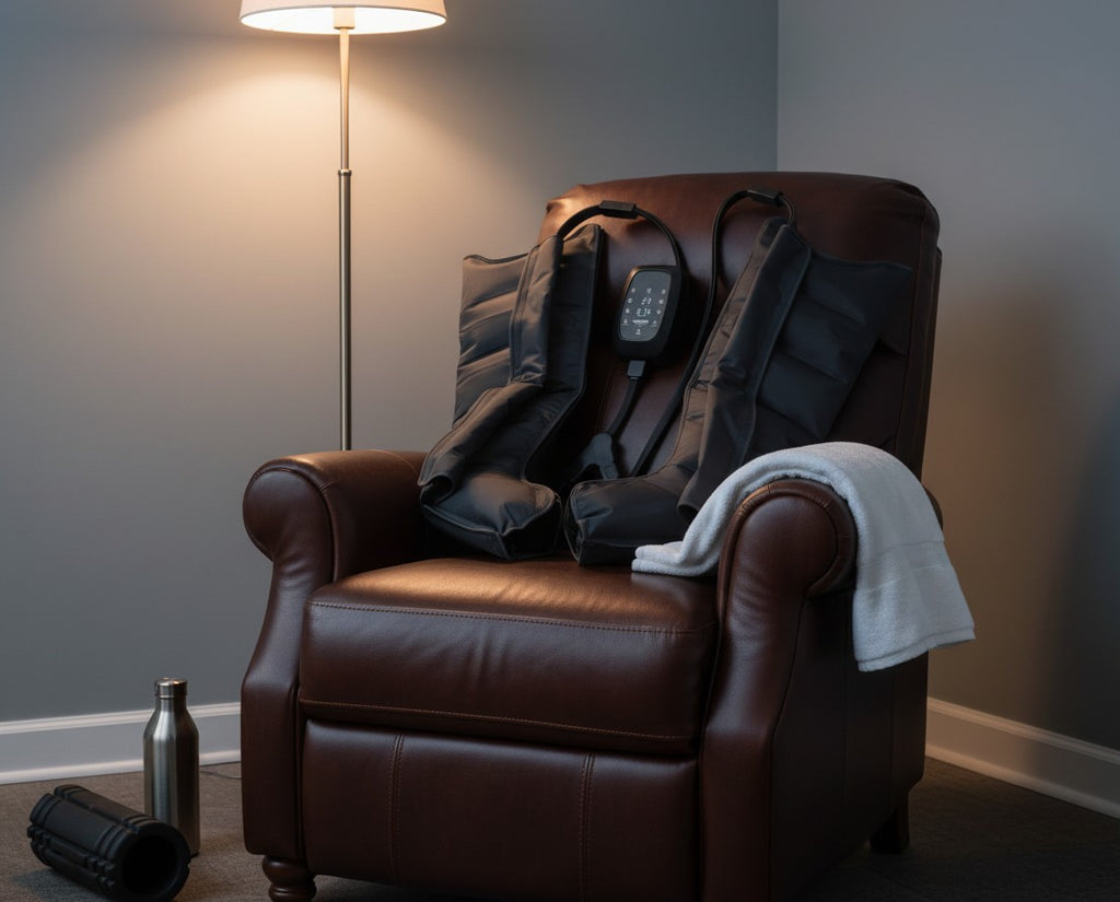 Elevate Performance Systems Pulse recovery boots with LED control unit resting on a brown leather armchair.