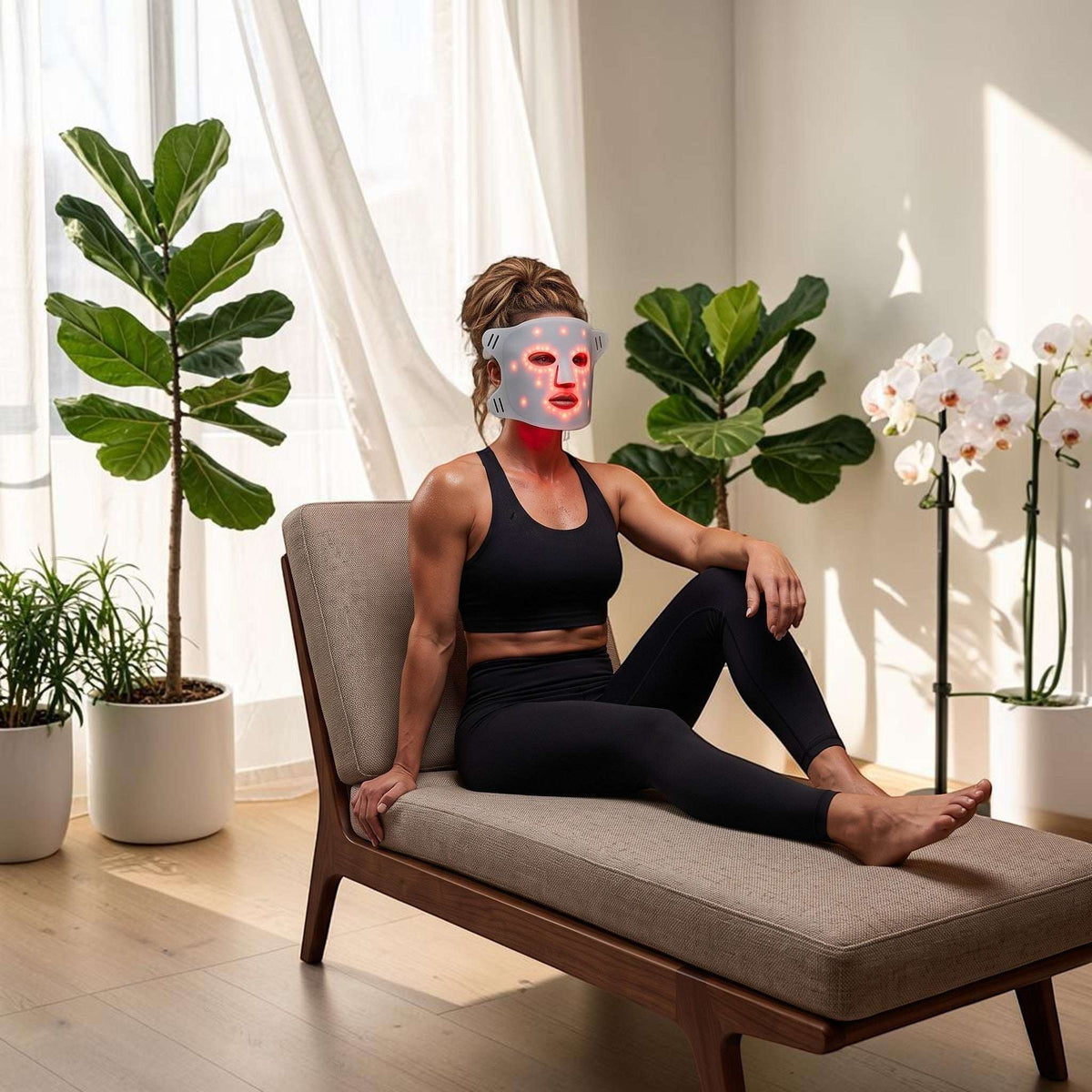 Elevate Performance Systems red light therapy facial mask worn by a woman relaxing on a lounge chair in a bright room.