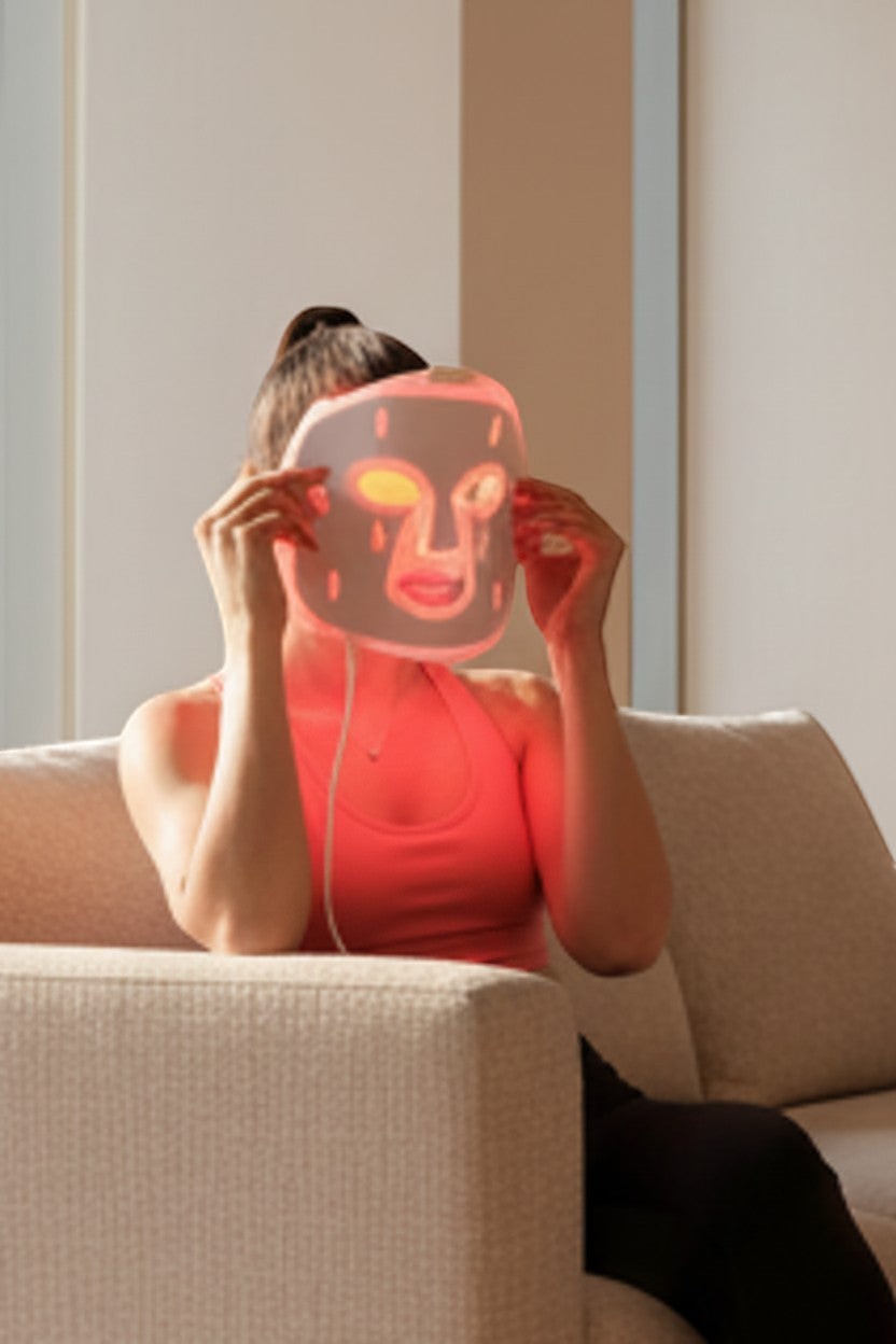 Elevate Performance Systems red light therapy facial mask made of flexible silicone being used by a woman on a sofa.