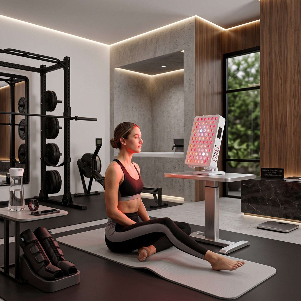Elevate Performance Systems compact red light therapy panel on a stand in a modern home gym with a woman sitting nearby