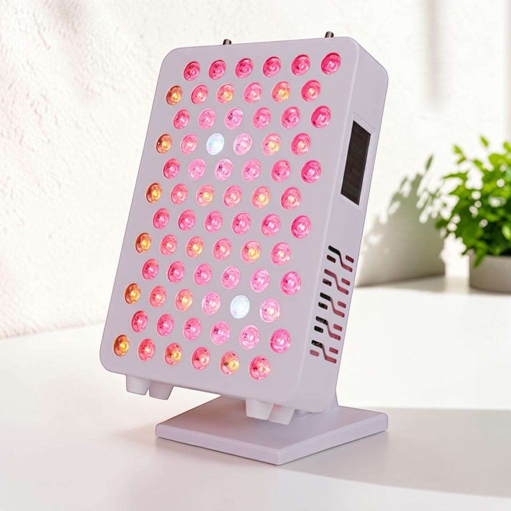 Elevate Performance Systems compact red light therapy panel with 72 dual-chip LEDs on a white desk stand.