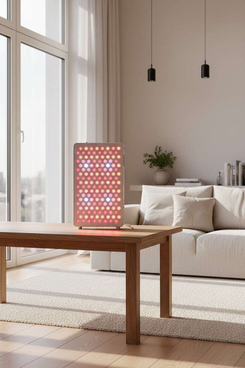 Elevate Performance Systems red light therapy panel glowing on a wooden table in a bright, modern living room.