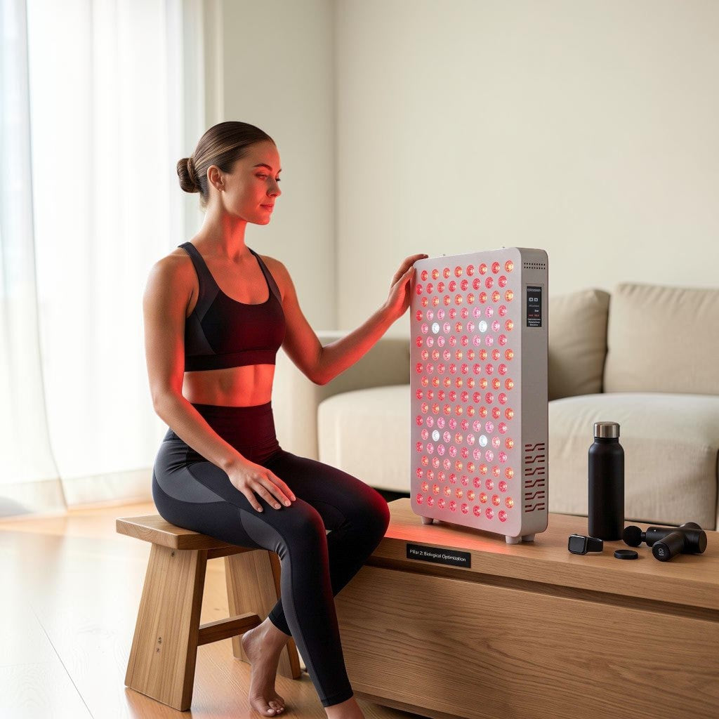 Elevate Performance Systems red light therapy panel with 144 LEDs being used by an athlete in a home recovery space