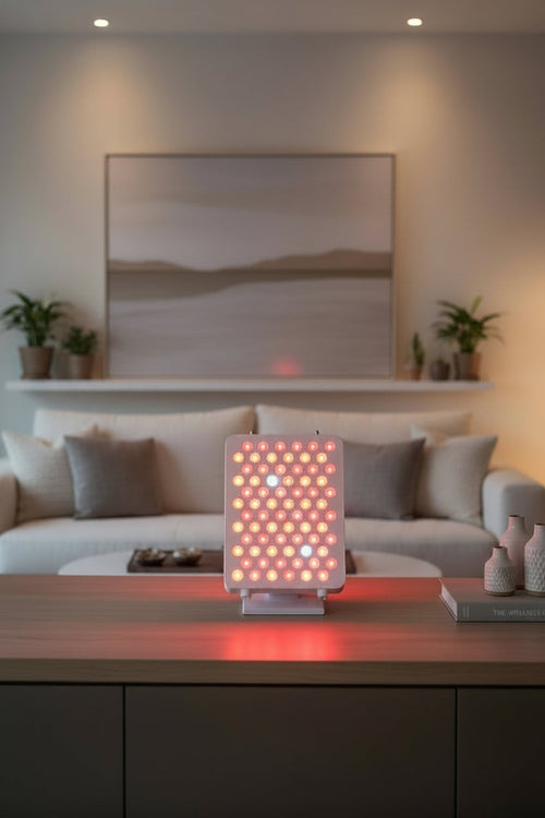 Elevate Performance Systems compact red light therapy panel with LED array on a table in a modern living room.