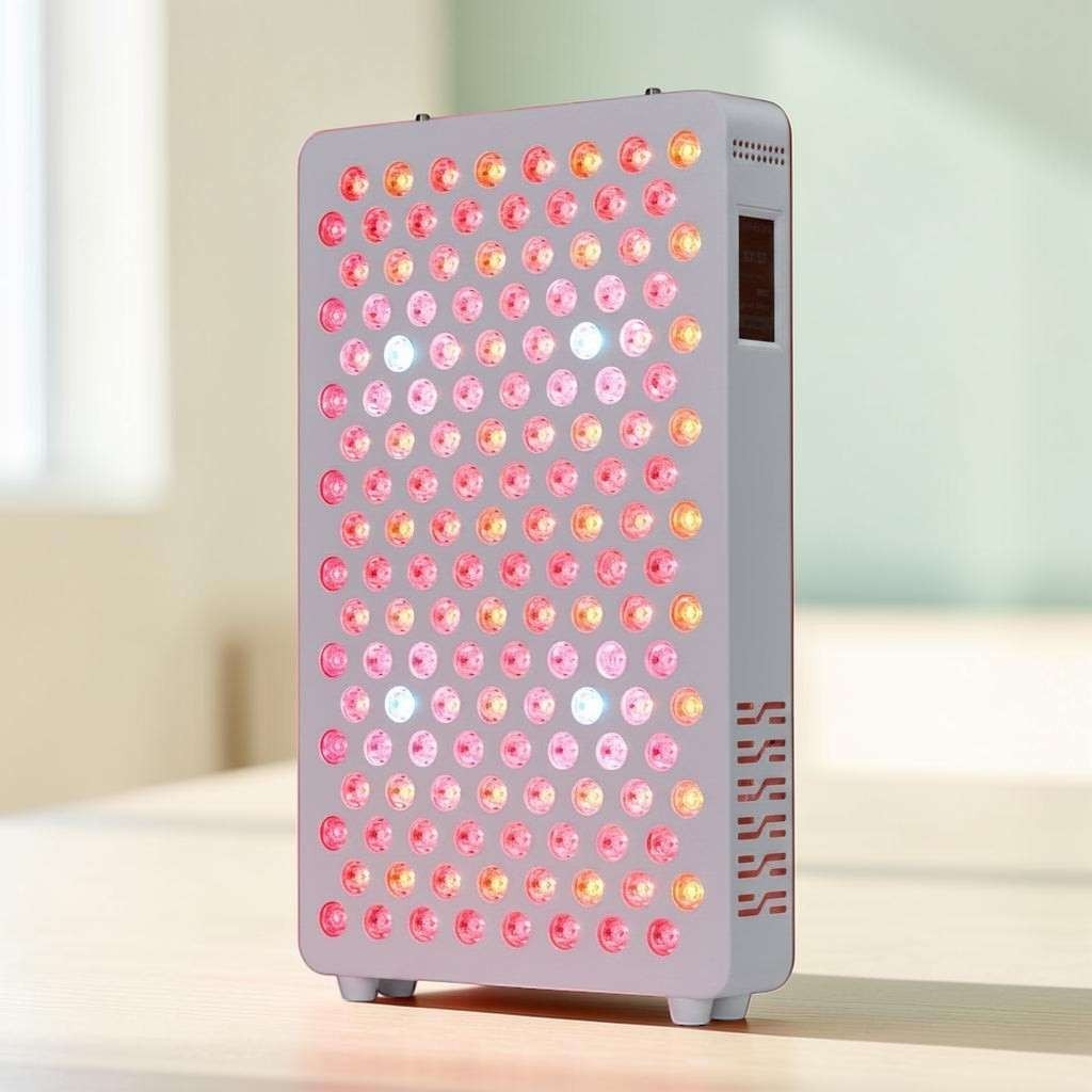 Elevate Performance Systems red light therapy panel with 144 dual-chip LEDs glowing on a wooden table.