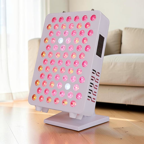 Elevate Performance Systems compact red light therapy panel with LED array and touchscreen on a white stand.